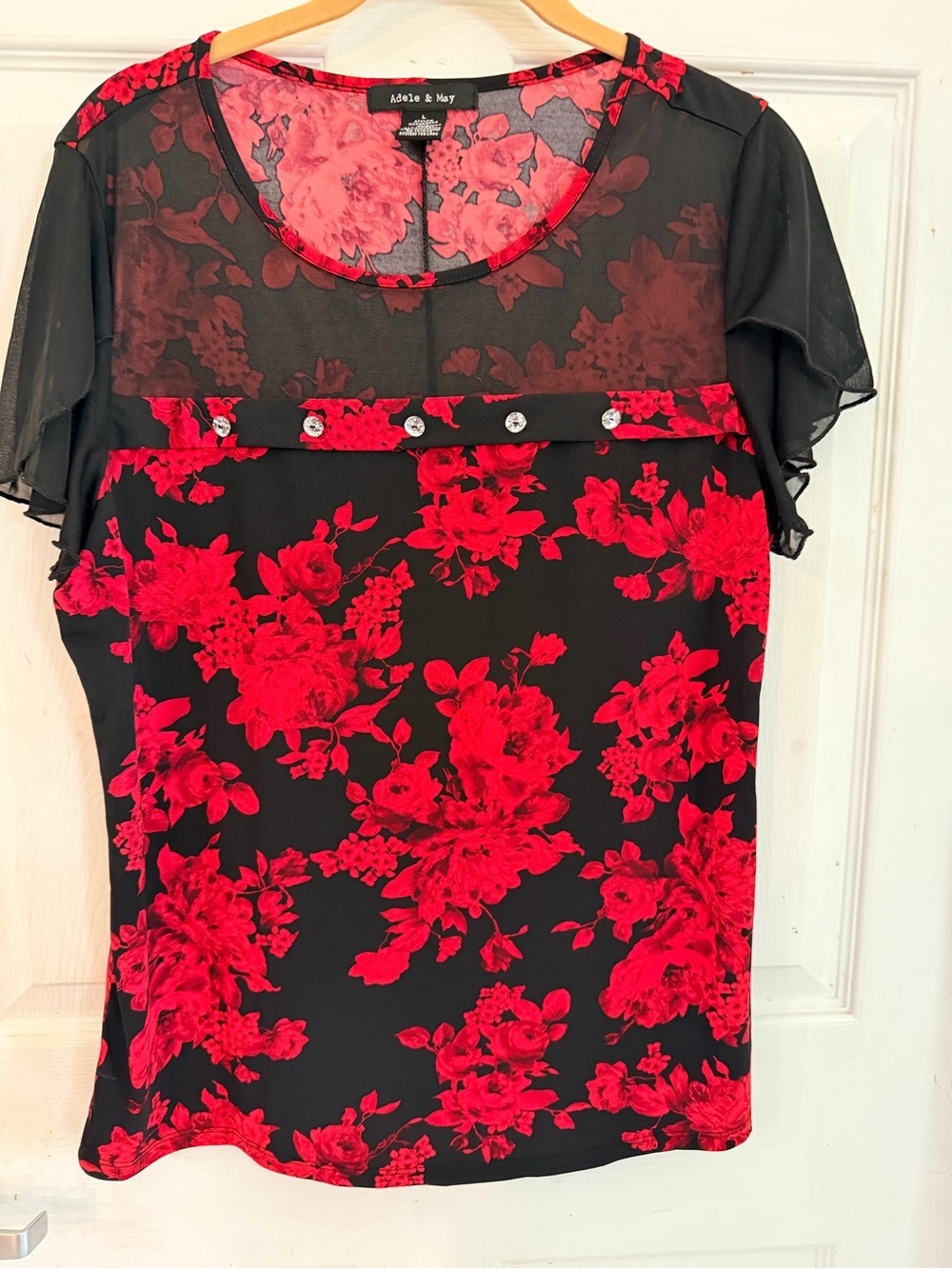 Adele & May Black Floral Blouse with Red Rose Print